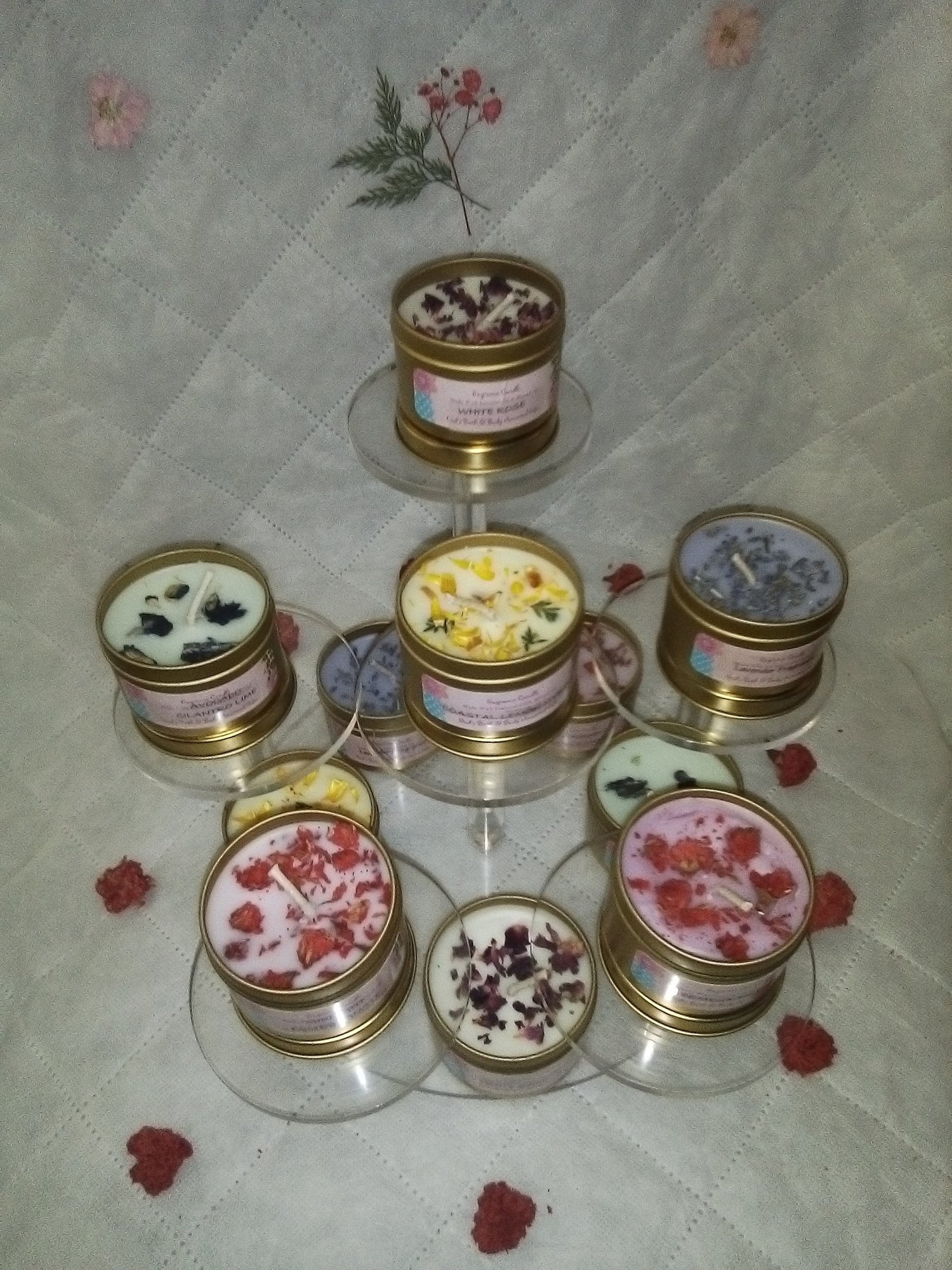 4oz small fragrance candles with lid.  "From the Favor of Queen Esther's Bath Collection"